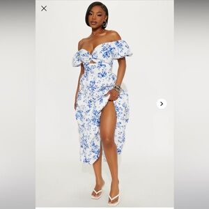 Fashion nova Diara Floral Linen Midi Dress - Blue/combo